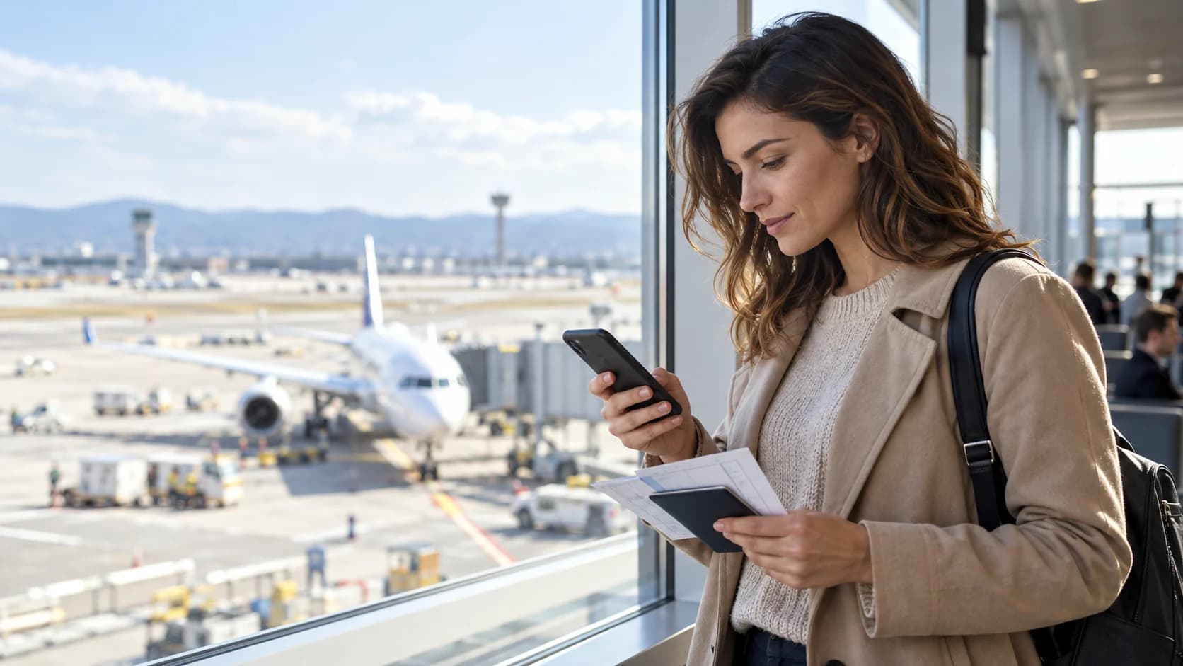 Passeggera in aeroporto controlla la prenotazione al banco informazioni dopo un problema con il volo