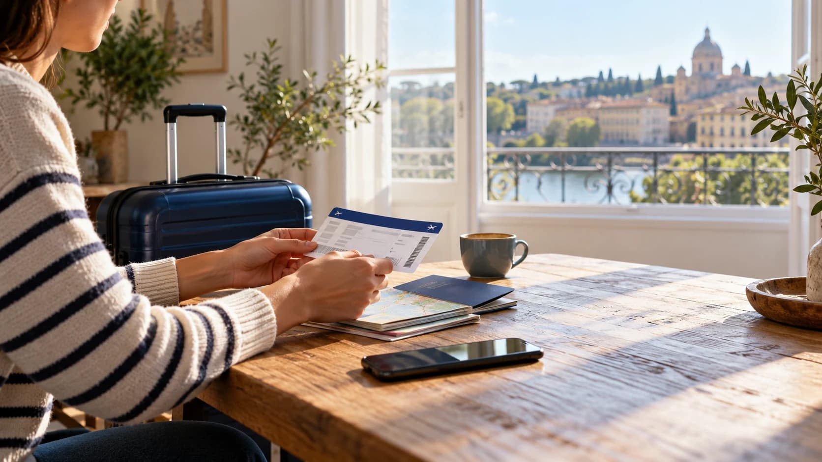 Viaggiatrice che organizza ricevute e documenti di viaggio accanto a un computer
