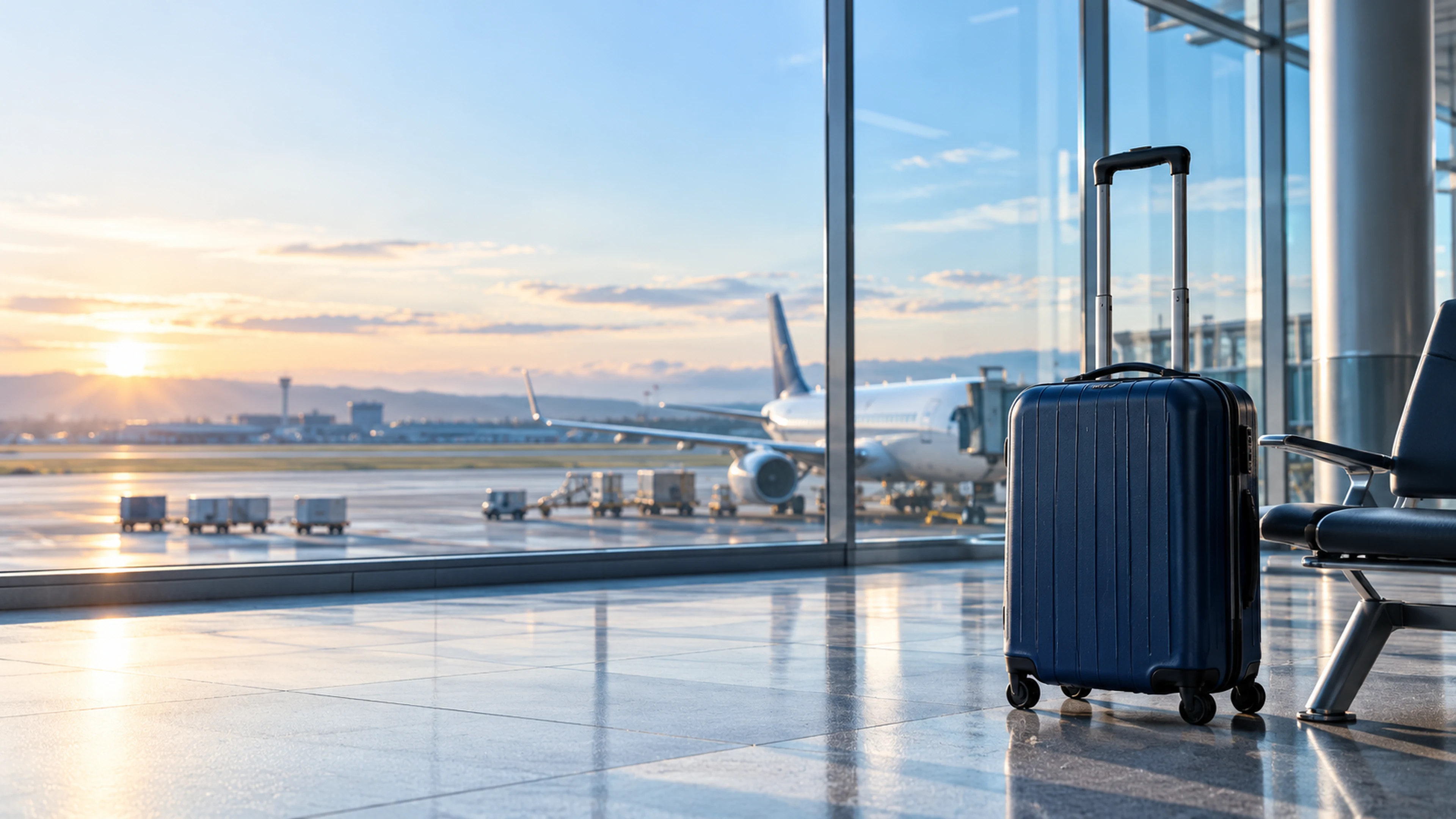 Trolley da viaggio in un terminal aeroportuale luminoso, con un aereo visibile oltre le vetrate