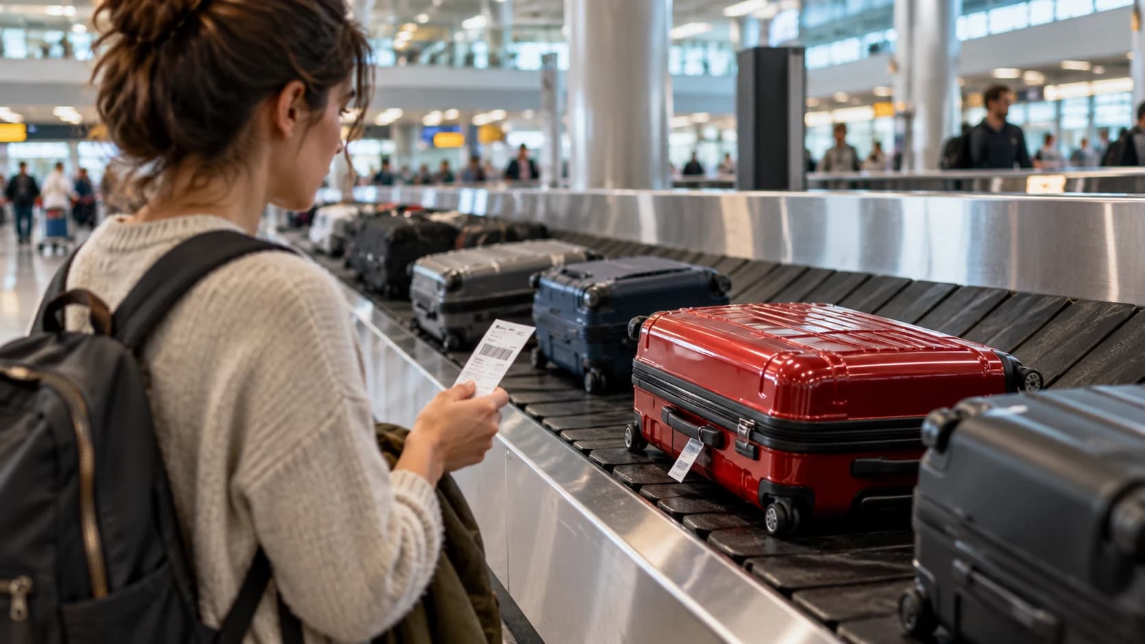 Passeggera davanti al nastro bagagli che individua la propria valigia rossa