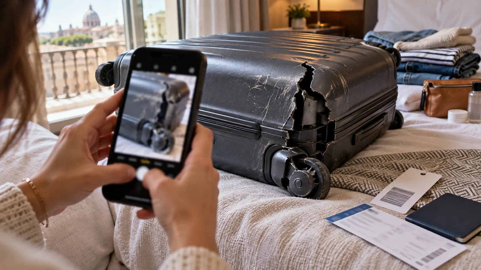 Viaggiatrice fotografa con lo smartphone una valigia rotta mentre prepara documenti e biglietto bagaglio in hotel