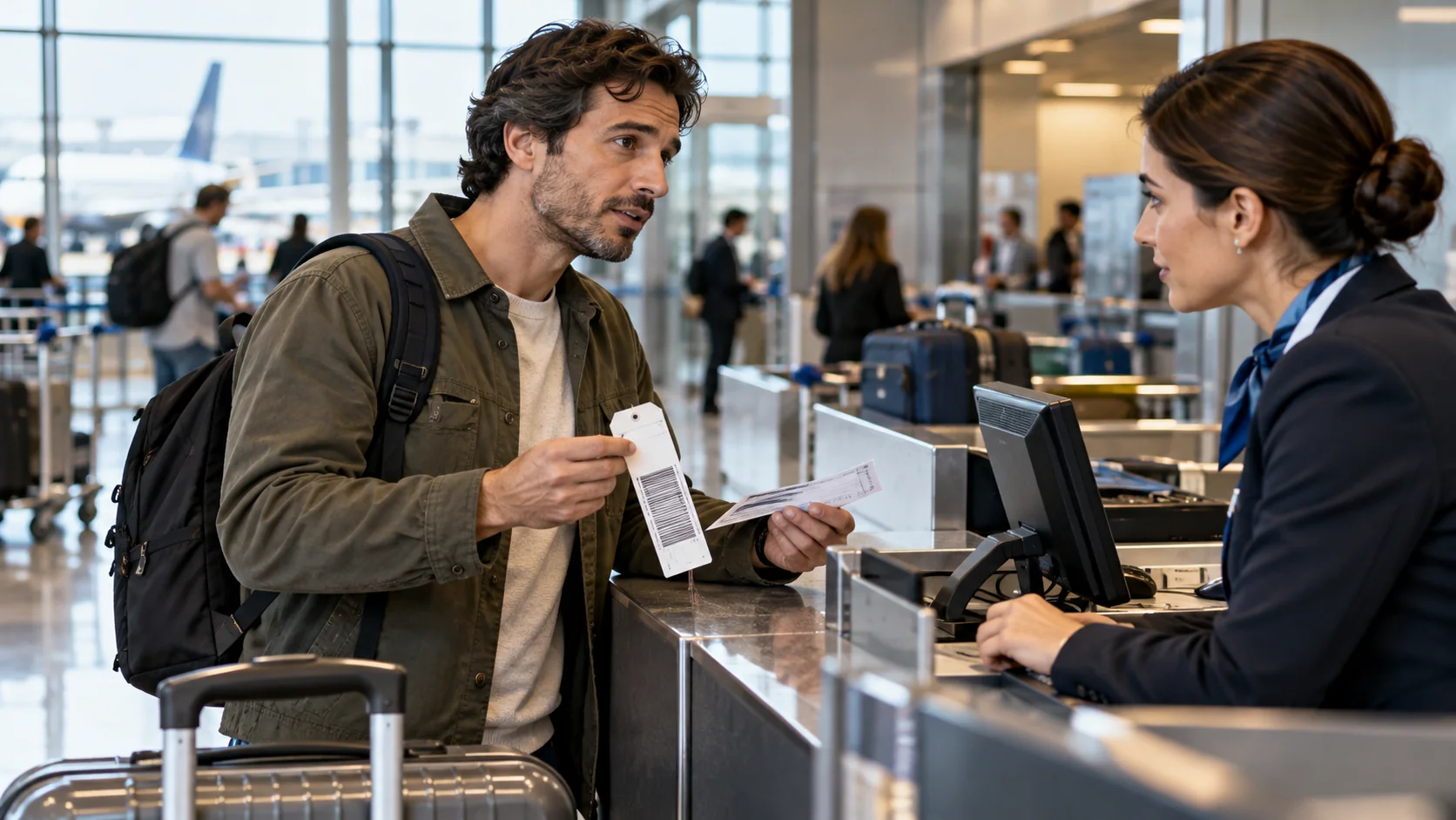 Passeggero consegna etichetta bagaglio e carta d’imbarco a un’addetta al banco assistenza bagagli in aeroporto
