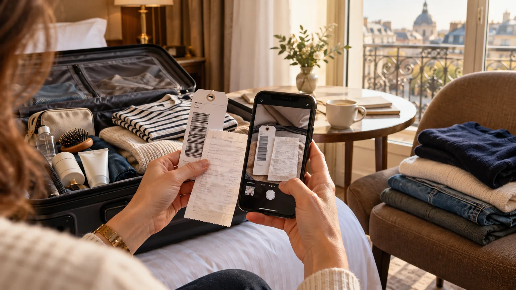 Valigia aperta in una camera d’albergo mentre una viaggiatrice fotografa ricevute e tag bagaglio con il telefono