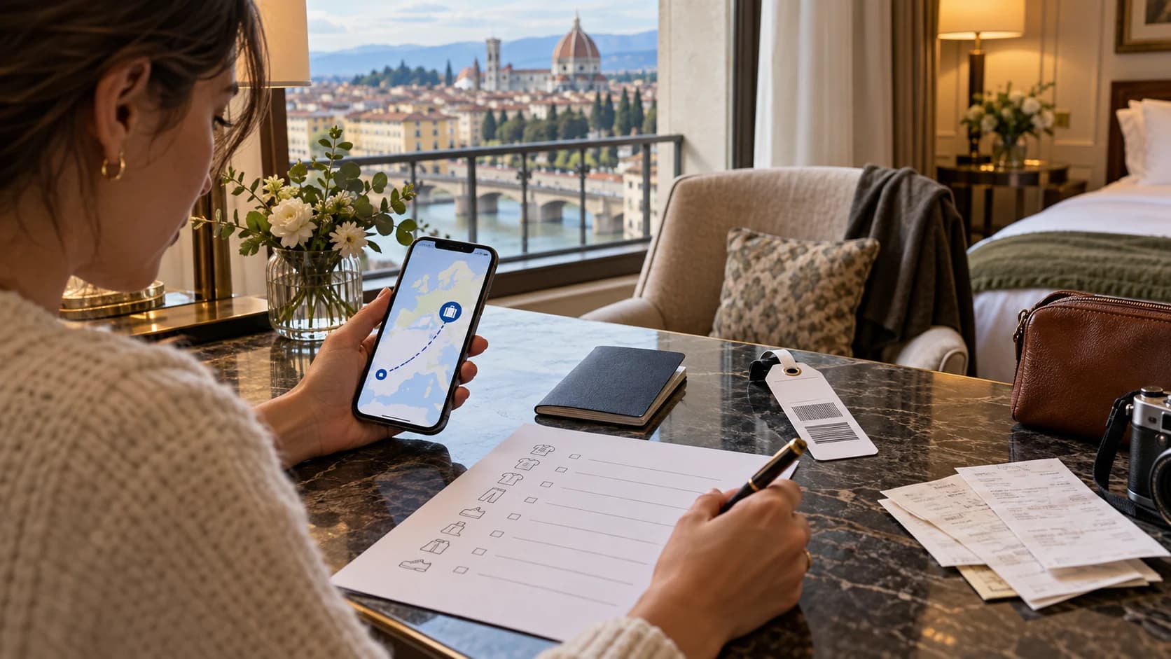 Viaggiatrice annota l’inventario degli oggetti e controlla sul telefono la pratica di un bagaglio smarrito in hotel
