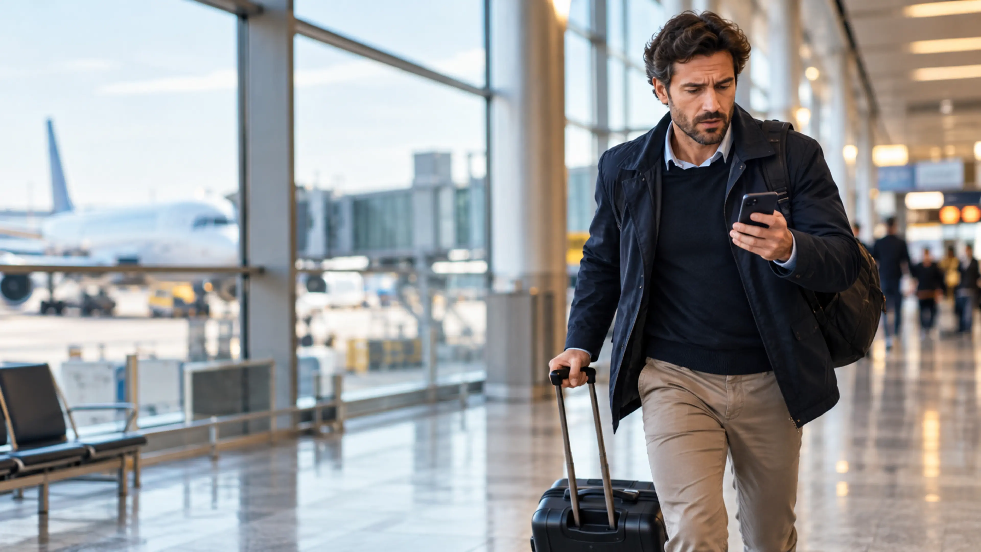 Viaggiatore con trolley controlla il telefono mentre attraversa un terminal aeroportuale, con gate e aerei sfocati sullo sfondo