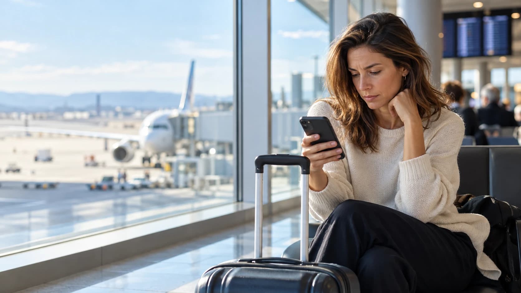 Passeggera con trolley al gate di un aeroporto europeo mentre controlla il telefono dopo un problema d'imbarco