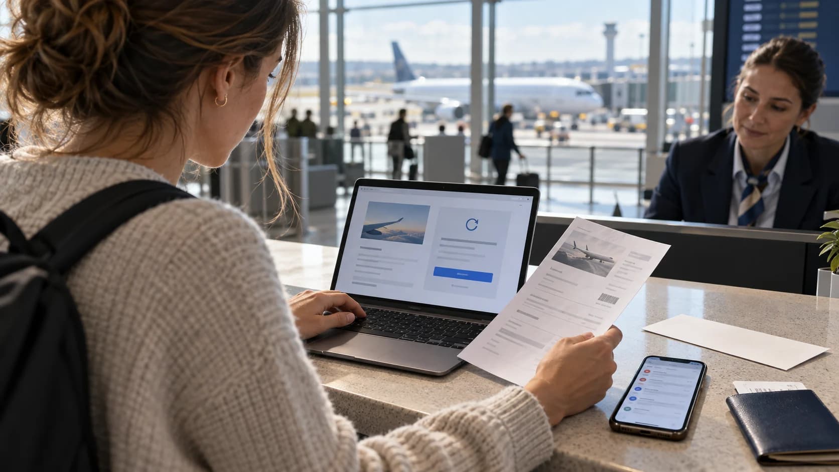 Passeggera al banco informazioni dell’aeroporto controlla su laptop e telefono la pratica del volo cancellato