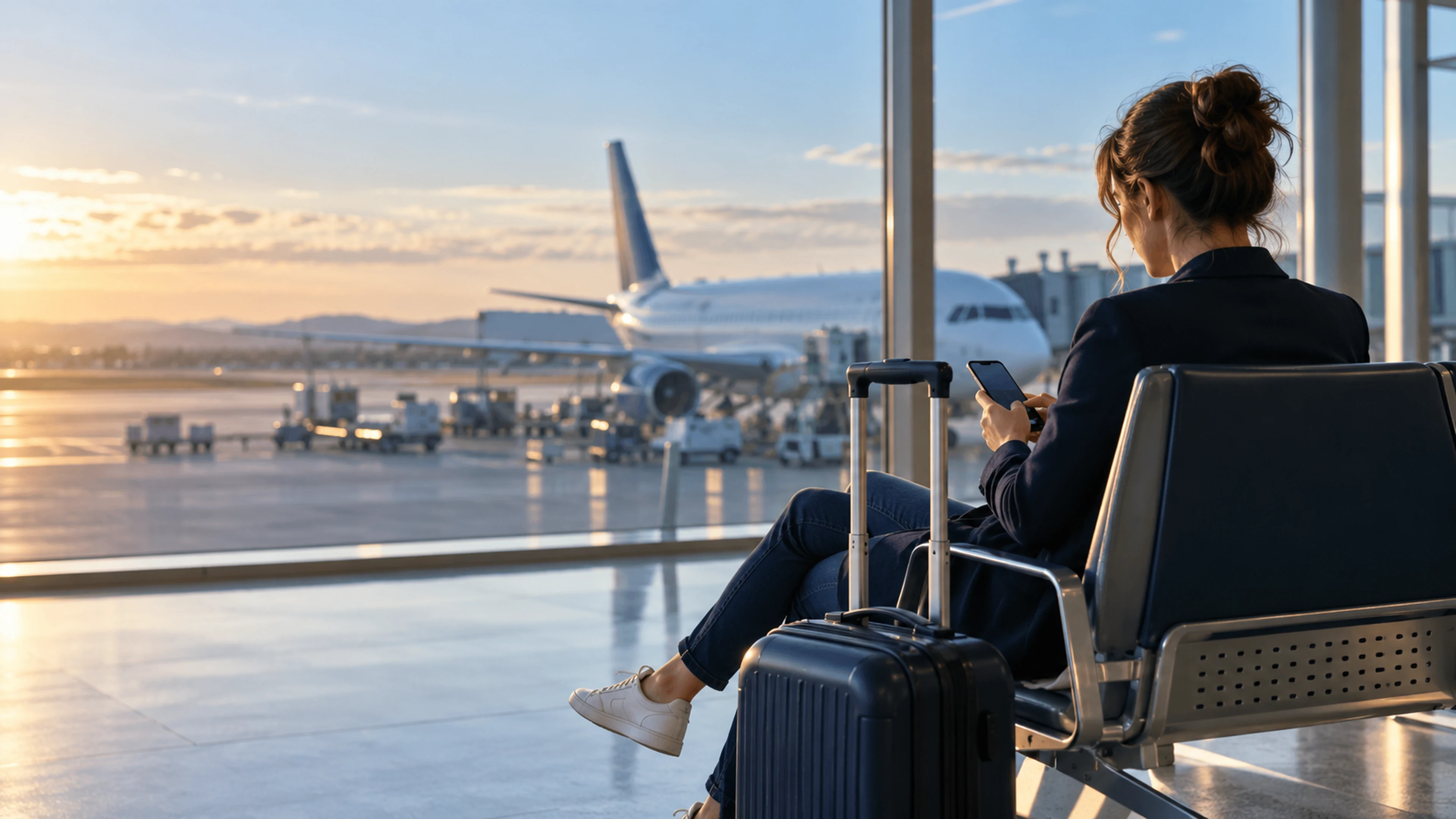 Viaggiatrice con trolley al gate di un aeroporto europeo mentre controlla il telefono, con un aereo oltre le vetrate
