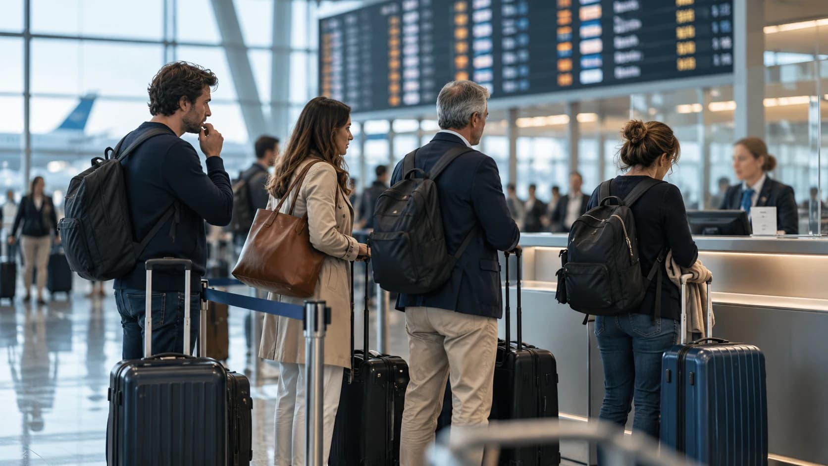 Fila di passeggeri in attesa al banco aeroportuale mentre verificano aggiornamenti sul proprio viaggio