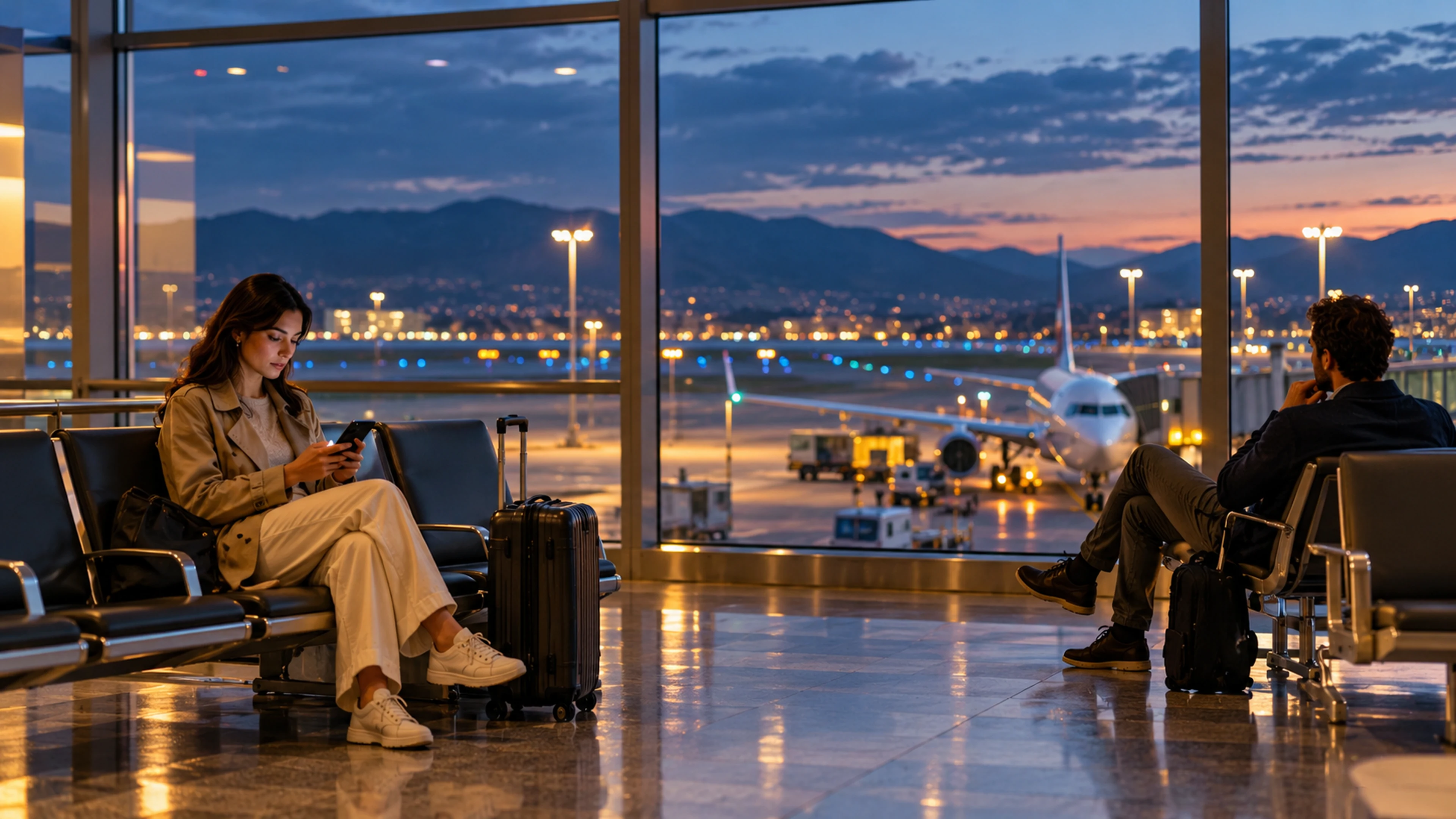 Due viaggiatori aspettano in un terminal europeo al crepuscolo, con valigie e luci di pista oltre le finestre
